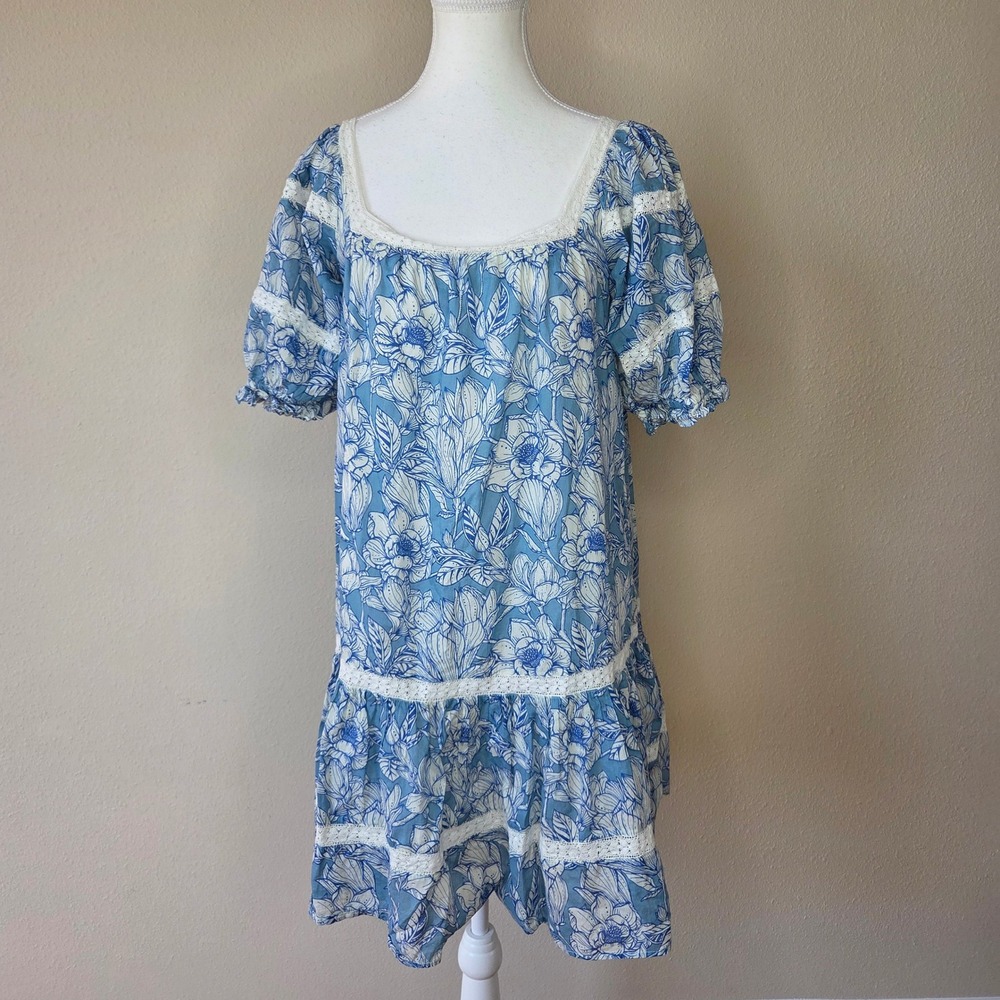 Olivia James The Label Blue White Floral Lace Cotton Tiered Mini Dress Medium